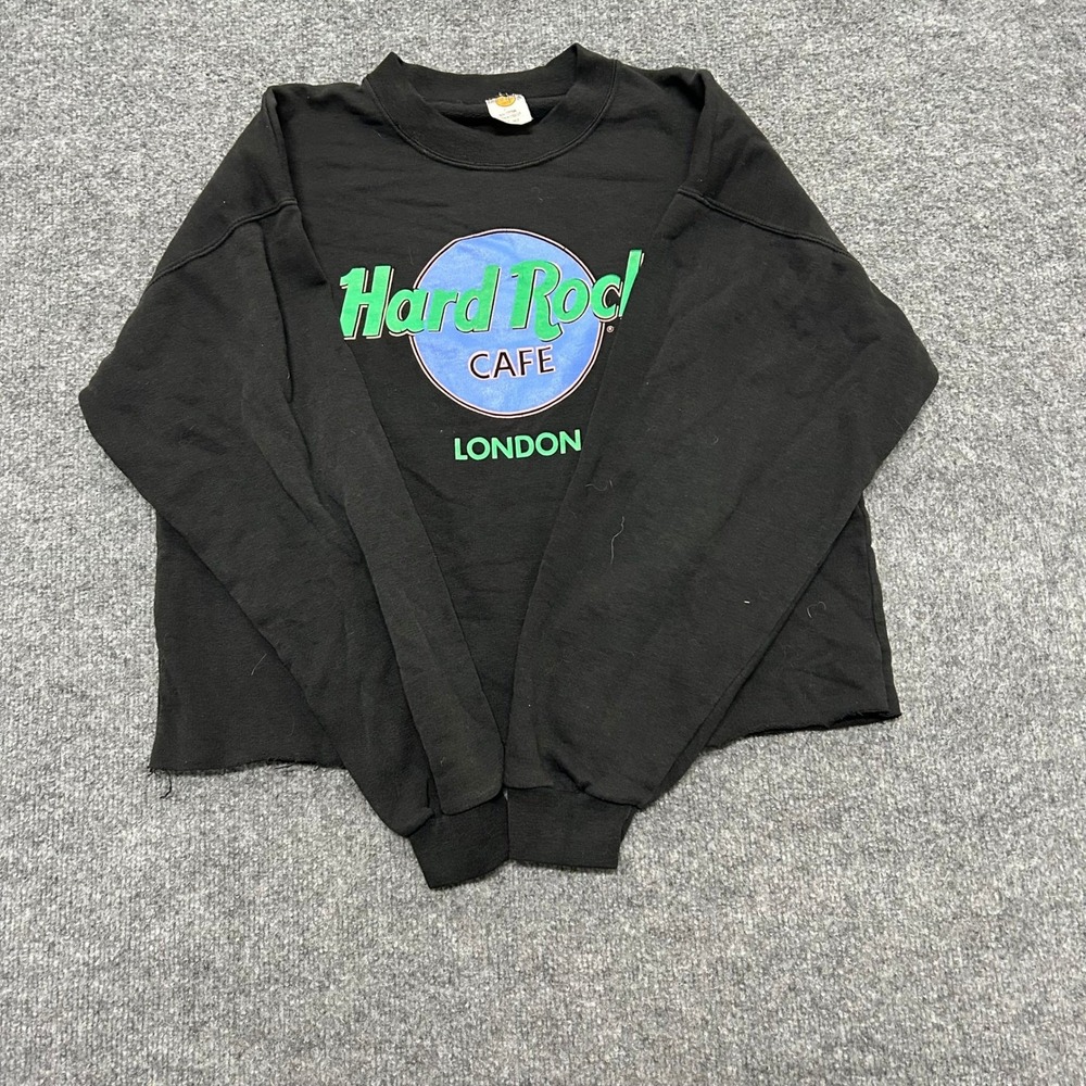 Hard Rock Cafe Sweatshirt Womens Size Large Black Cropped Raw Hem London Graphic